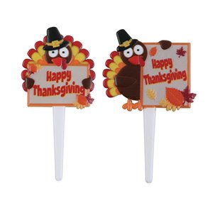*FREE STANDARD SHIPPING - 24 Picks - Turkey Holding " Happy Thanksgiving " Sign - Official Crispie Sweets Cupcake Topper KIT - w/ Dusting Sugar Sampler & Bonus Card - We Ship Within 1 Business Day w/ *FREE Standard Shipping!
