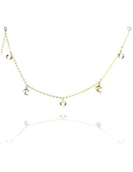 14K Tri Color Gold Sparkle Diamond Cut Rolo Chain Heart and Dolphin Charms 9+1" Extender spring-ring clasp