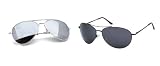 Twin Pack Unisex (Mens/Womens) Black & Silver Aviator Sunglasses + 2 X Hard Case 2 X Cleaning Cloth