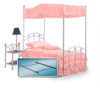 White Twin Princess Bed Frame, Canopy Frame, Pink Canopy Fabric & White Night Stand