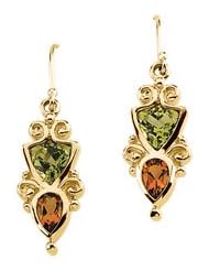 Genuine Peridot And Citrine Earring 14K Yellow Gold Pair