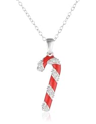 Sterling Silver Diamond Candy Cane with Red Enamel Pendant Necklace (0.06 cttw, I-J Color, I2 Clarity), 18"