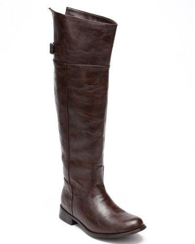 Breckelles BD49 Women Crinkle Leatherette Round Toe Riding Thigh High Boot - Light Brown