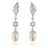 Eve's Addiction Elegant Sparkling CZ Leaf Freshwater Pearl Drop Earrings