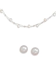 16 Inch Double Strand Cultured Freshwater Pearl Necklace with 6mm White Cultured Pearl Post Earrings