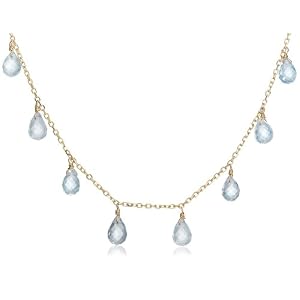 14k Yellow Gold, March Birthstone, Aquamarine Briolette Station Necklace, 16 by