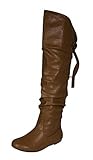 Soda Women's Letta Slouchy Thigh-high Flat Boots with Lace-tie Back Design, cognac leatherette, 8.5 M US