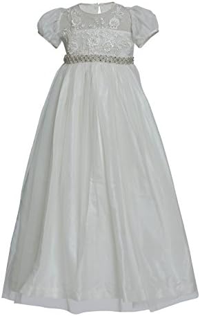 Caremour Baby Girls' Baptism Silk, Tulle, Beaded Alencon Lace Gown 0-3 Months (Chest: 20 Inches, Length: 28 Inches) Off White