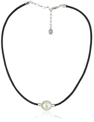 Majorica 14mm White Round Pearl on Black Leather Cord Necklace