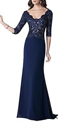 A-line Scoop Neck 3/4 Sleeves Open-Back Beaded Lace Chiffon  Dress