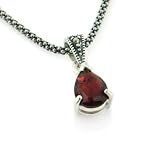 Sterling Silver Antiqued Marcasite and Genuine Garnet Teardrop Pendant 16 Necklace