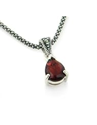 Sterling Silver Antiqued Marcasite and Genuine Garnet Teardrop Pendant 16" Necklace
