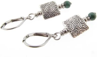 Orchid Cove Handcrafted Malachite Gem Stone Earrings with Antique Finished Pewter Beads and Hypoallergenic Stainless Steel Earwires