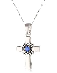 Sterling Silver Celtic Cross with Blue Sapphire Center Pendant Necklace with Rolo Chain, 18"