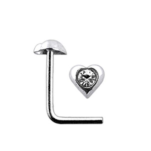 Jeweled Heart 925 Sterling Silver L Shaped Nose Pin - Size 20G(0.8MM) 5mmx5mm
