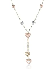 14K Tri-Color Yellow, White and Rose Gold Hearts Station Y-Shaped Necklace, 16.5"+1" Extender