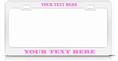 CUSTOM PERSONALIZED, White License Plate Frame, Soft Pink Writing, Rubber Stamp