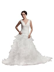 A-line V-neck Pleated  Tiered Spring Fall Winter  Organza Sleeveless  Ball Gown Wedding Dress  with a Chapel Train  With Ruffles