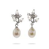 Eve's Addiction Sterling Silver Pearl Drop Earrings with CZ Leaves
