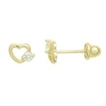 14K Gold Stud Earring White CZ Cute Heart Yellow Gold Earring W/ Screw-Back For Kids & Teens