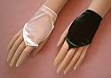 Elastic Wrist Fingerless Mitt Shortie Gloves, Shiny Stretch Satin Spandex, cuff extends just above the wrist bone.