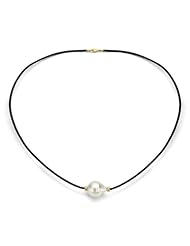 14k Yellow Gold 12-13mm White South Sea Pearl and Rondels with Black Leather 18" Necklace. Secured with 14k Yellow Gold Lobster-claw-clasp.