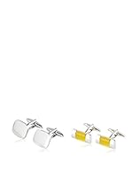 SILVIO SILVANI Dos Pares Gemelos Clásicos Cuadrados Lisos Y Con Piedra Amarilla Plateado