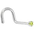 Solid 18KT White Gold (August) 1.5mm Genuine Peridot Right Nostril Screw- 20 Gauge