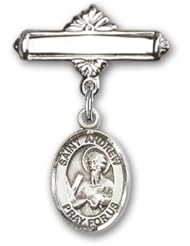 Sterling Silver Baby Badge with St. Andrew the Apostle Charm and Polished Badge Pin. Catholic Saint Andrew Patron Saint of Fishermen, Fishing, Gout, Scotland