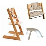 Stokke Tripp Trapp High Chair, Cushion, and Baby Rail - Cherry with Tan and White Stripe Cushion