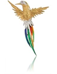Garavelli Diamond and Ruby 18k Two Tone Gold Multi-colored Enamel Bird Brooch Pin