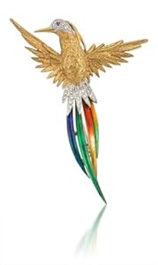Garavelli Diamond and Ruby 18k Two Tone Gold Multi-colored Enamel Bird Brooch Pin