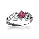14K White Gold Square Genuine Pink Tourmaline Celtic Knot Ring