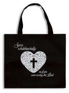 Womens 14 Inch Black Nylon Serve Wholeheartedly Cross in Heart Design Purse Tote Bag