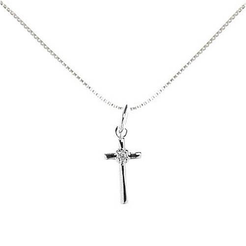 Sterling Silver Tiny White CZ Cross Pendant - Great for Little Kids