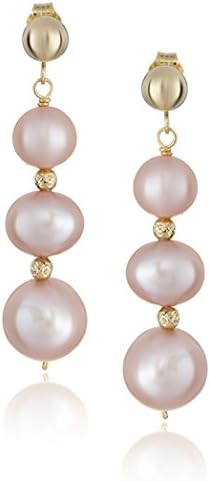 Amazon Collection 14k Yellow Gold Graduated 6.5-9.5mm Pink Freshwater Cultured Pearl with Sparkling Beads Dangle Earrings