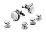 JJ Weston Half Moon Style Mother of Pearl Cufflinks and Shirt Stud Set with Presentation box. Made in the USA