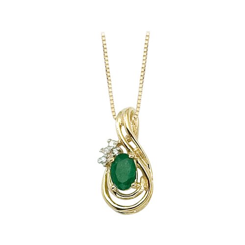 14K Yellow Gold 0.04 ct. Diamond and 6 x 4 MM Oval Shaped Emerald Pendant with Chain