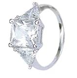 Sterling Silver Solitaire Engagement Ring With Princess Cut Cubic Zirconia in Four Prongs With Two Side stones