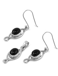 Sterling Silver Elegant Fashion Oval Design Pendant and Earrings Jewelry Set with Black Onyx Stone