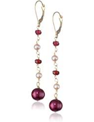 14k Yellow Gold Linked Drop Wine Colored Freshwater Cultured Pearl with Pink Pearls and Garnet Leverback Dangle Earrings
