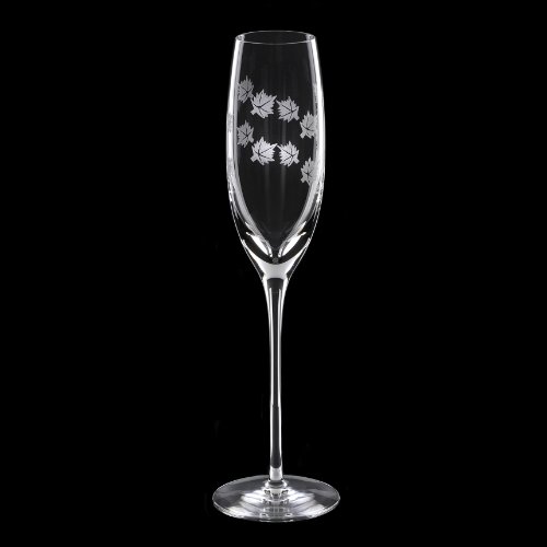 Grehom Crystal Champagne Glass (Set of 2) - Maple Leaf; Hand Etched Champagne Flutes; Mouth Blown Crystal Glasses; Beautiful Gift delivered with 2 handprinted cotton serviettes