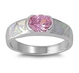 Sterling Silver Ring in Lab Opal - Pink CZ, White Opal - Ring Face Height: 5mm, Size 6 - 10