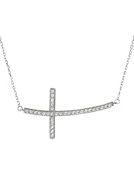 Alexandria Collection Sterling Silver Cubic Zirconia Side to Side Curved Holy Cross Necklace