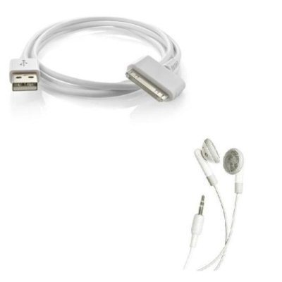 USB 2in1 Sync Charging DATA Cable + Stereo Earphones Music Headset White 3.5mm Stereo EarBuds Earpice to listen your favorite tunes COMBO for Apple iPhone 3G 16GB, 8GB (AT&T-ATT)