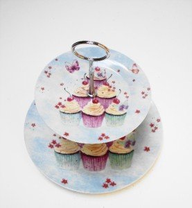 SHABBY CHIC CERAMIC 2 TIER CUP CAKE STAND TRAY BLUE