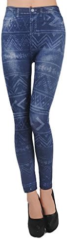 Women Punk Effect Denim Fake Jeans Legging Tregging Tight