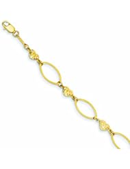 14K Gold Puff Heart & Flat Oval Bracelet 7.25 Inches