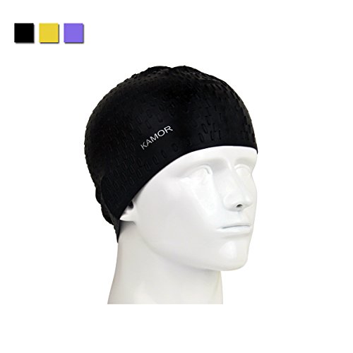 Kamor® ＃3 swim caps - The premium bubble crepe Silicone Swimming Cap for Short & Medium & long hair with water-drop design - Keep warm & Anti curl & Highly elastic & Large stretch - Greater durability than latex swimming hats - Eco-Friendly, Non-Allergenic & Lightweight - Suitable for men/women/adult/girls/boys/children