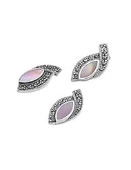 Sterling Silver Marquise Pink Pearl Marcasite Covered Vintage Style Earring Pendant Set
